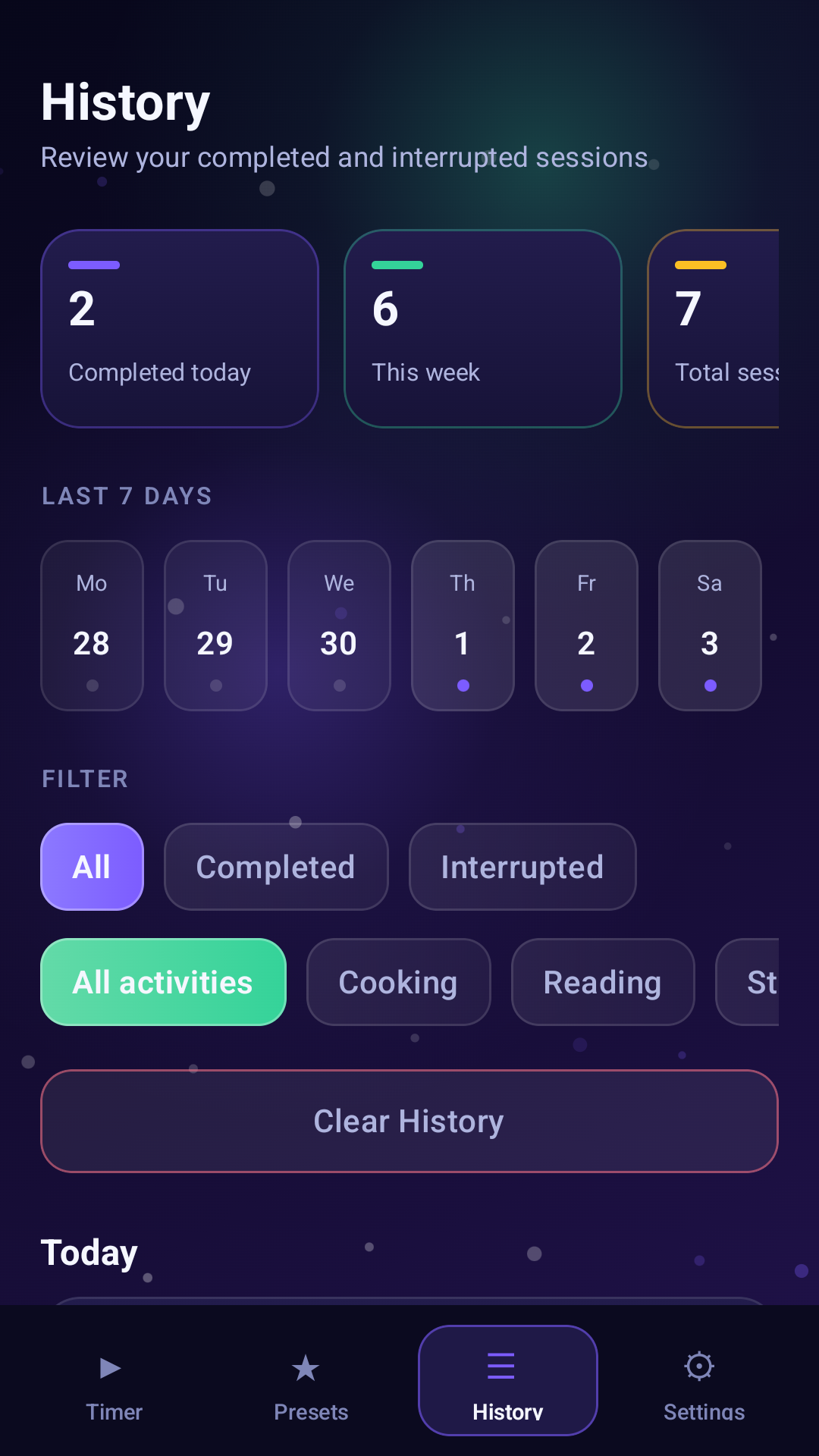 Pure Time Helper history screen