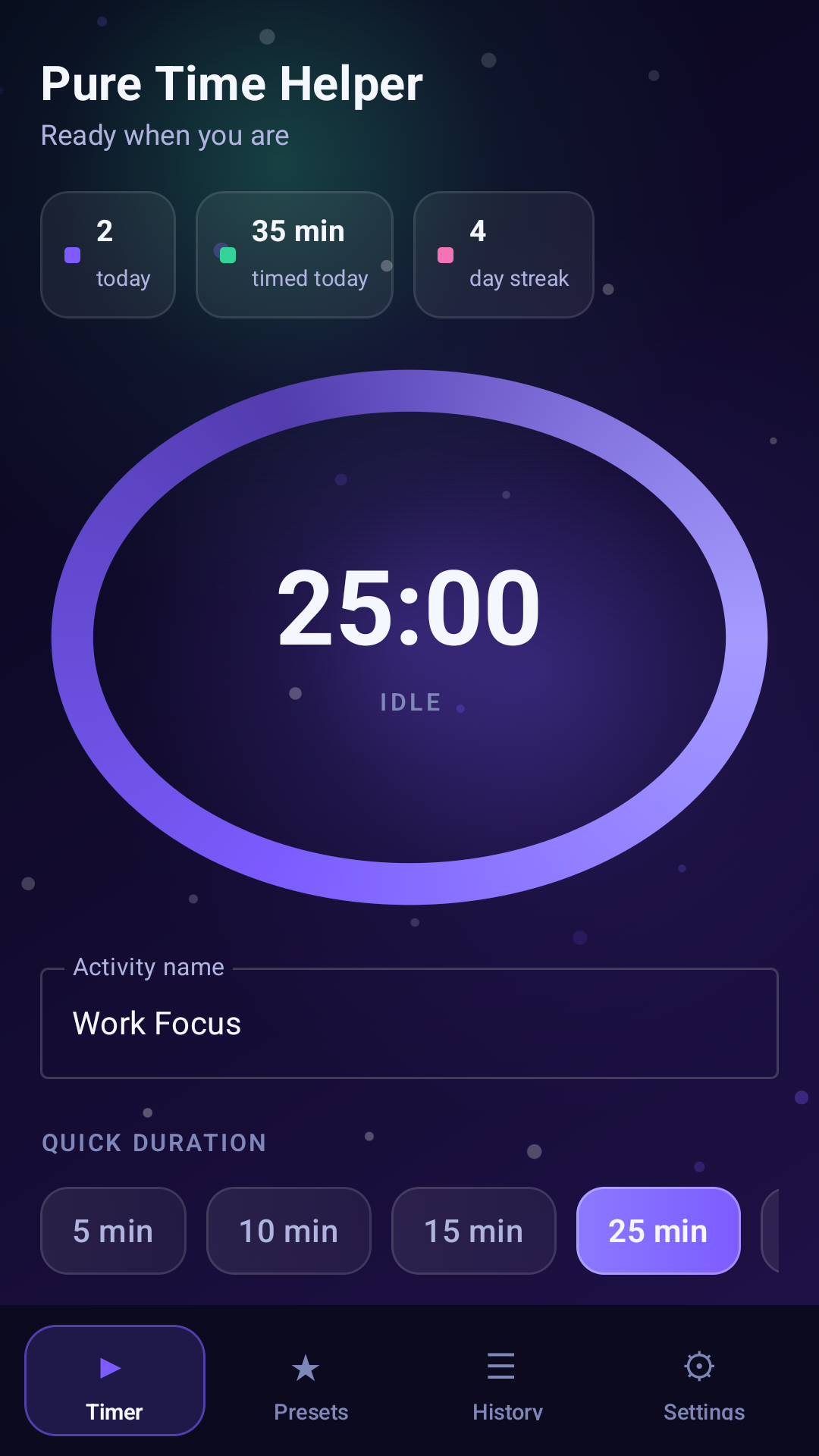 Pure Time Helper home screen