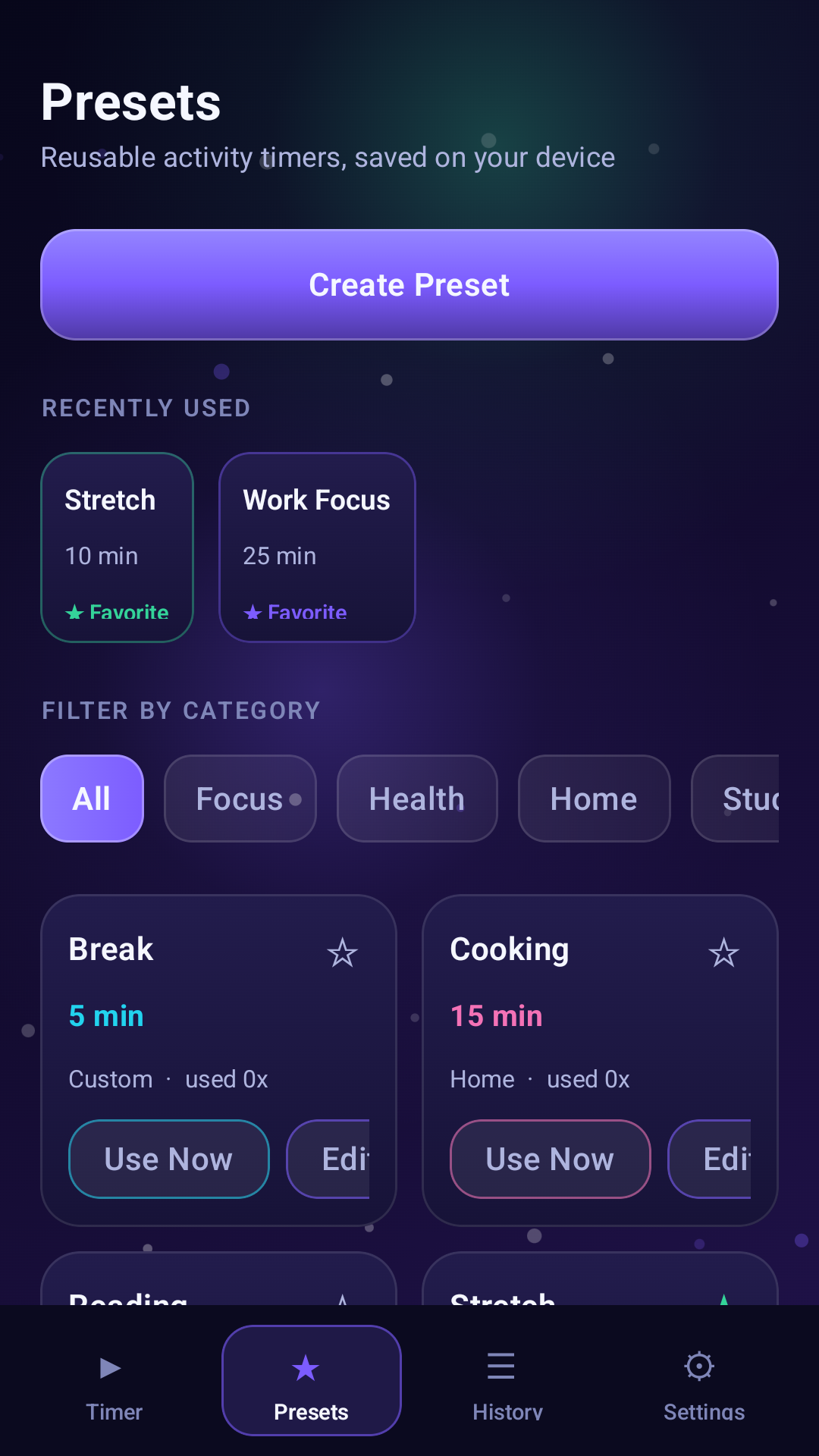 Pure Time Helper presets screen
